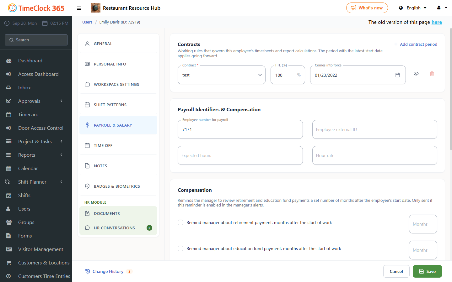 User card Payroll & Salary tab with contract periods