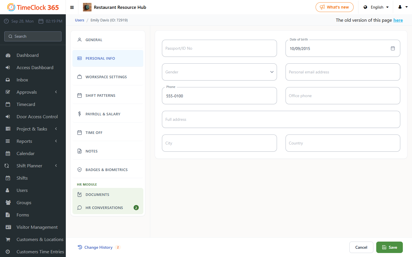 User Personal Info tab with Passport/ID No field