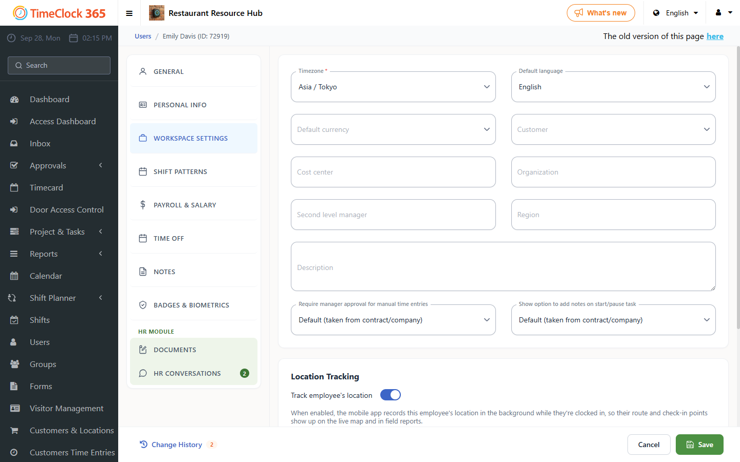 User Workspace Settings tab with timezone field
