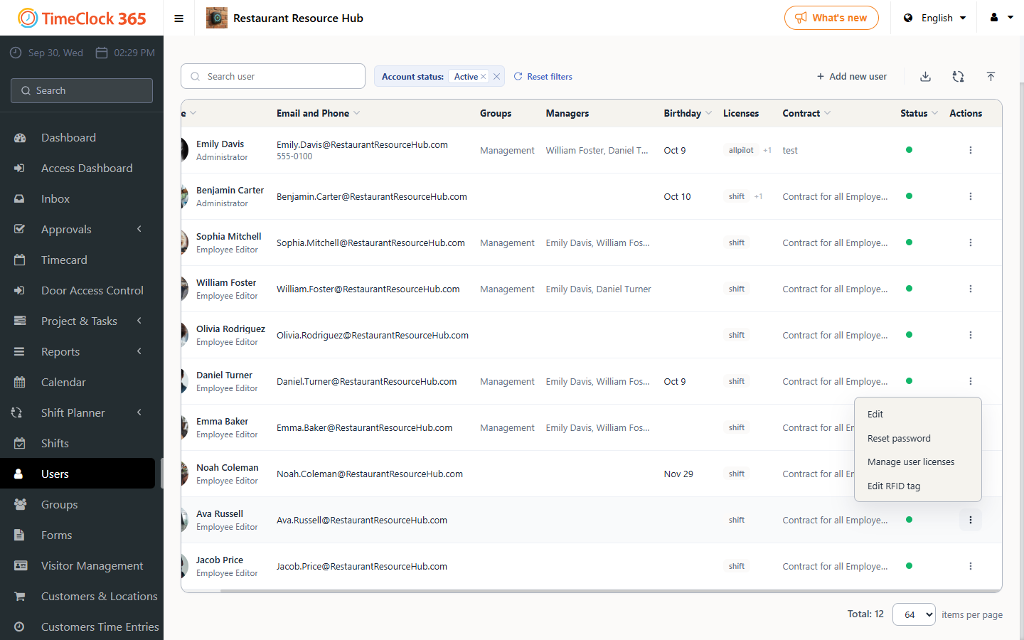 Users list - Actions menu with Reset password