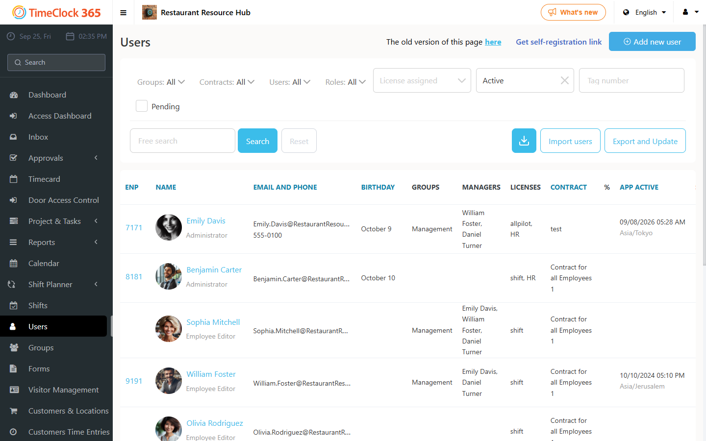 Users list where an employee can be selected and switched to Inactive