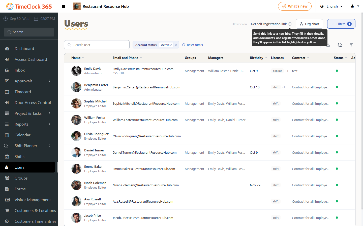 Users page with the Get self-registration link button and its explanation
