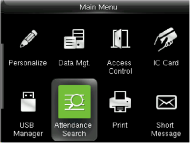 Clock main menu with Attendance Search selected