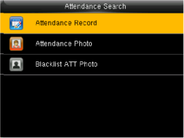 Attendance Search menu with Attendance Record selected