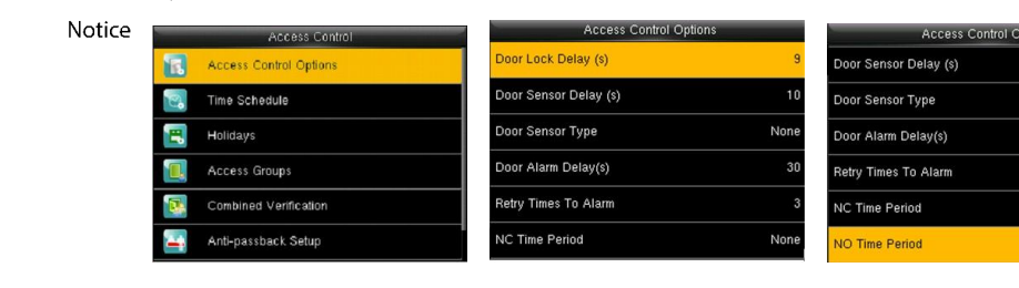 Access Control Options - door lock, sensor and alarm settings
