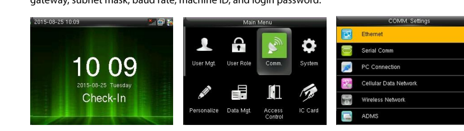 Clock main menu and COMM. Settings with Ethernet, Wireless Network and ADMS