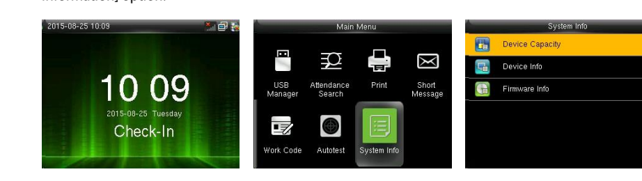 Clock main menu - System Info - Device Capacity, Device Info, Firmware Info
