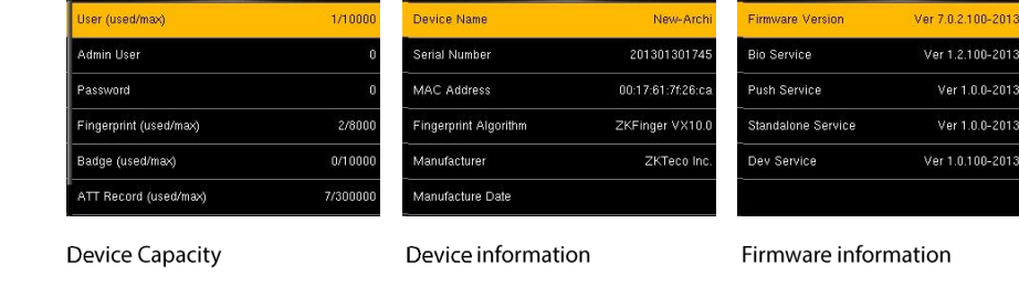 Device Capacity, Device information and Firmware information screens