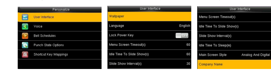User Interface settings - wallpaper, language, timeouts and main screen style