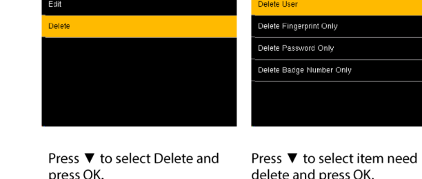 Delete options - Delete User, Fingerprint Only, Password Only, Badge Number Only