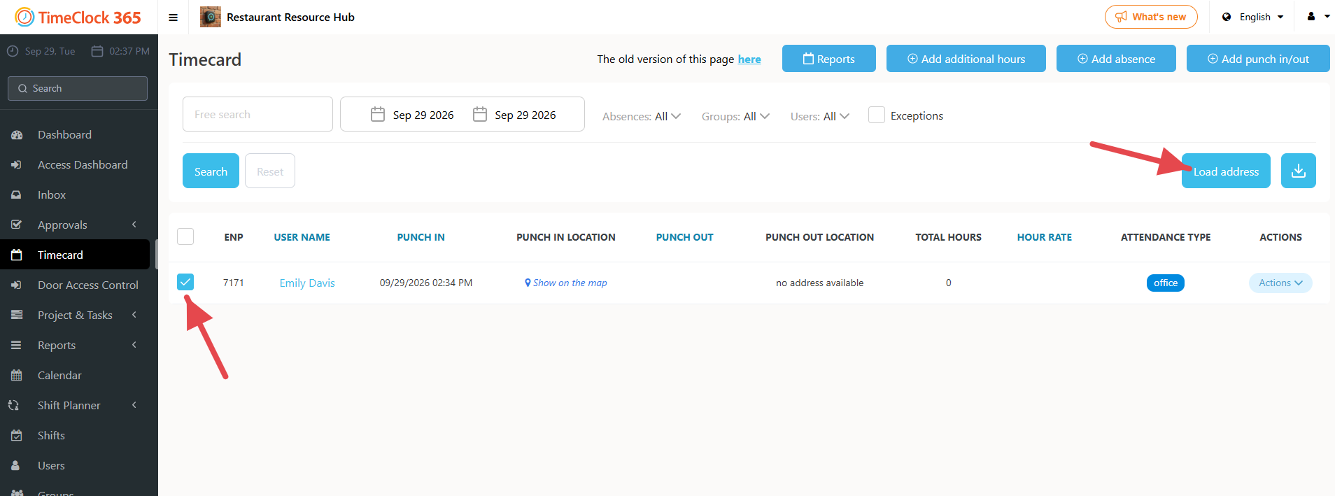 Timecard - employee row selected and Load address button