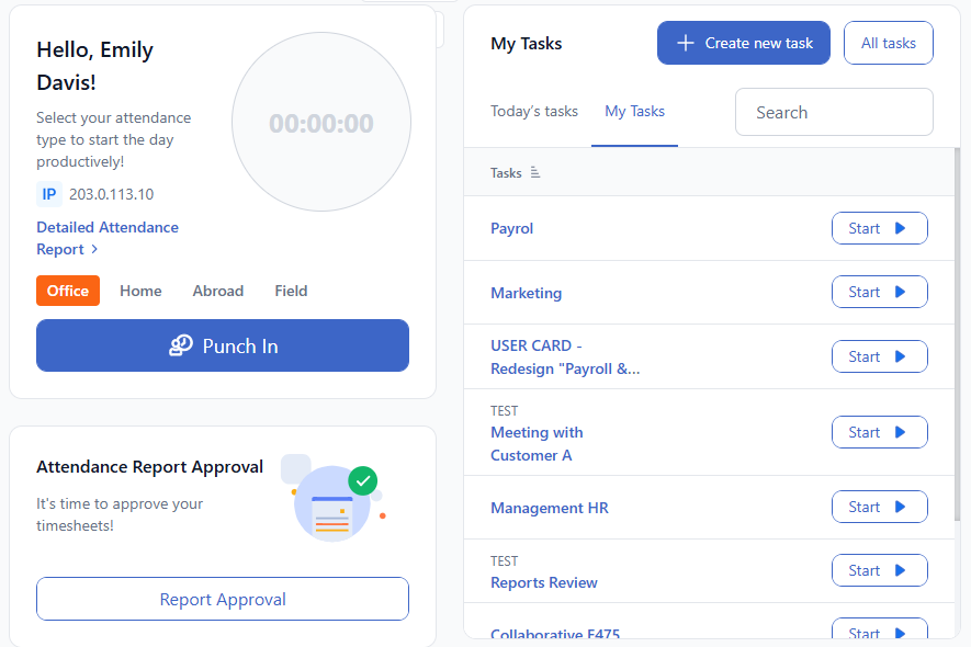 Punch in and task start on the TimeClock 365 web portal