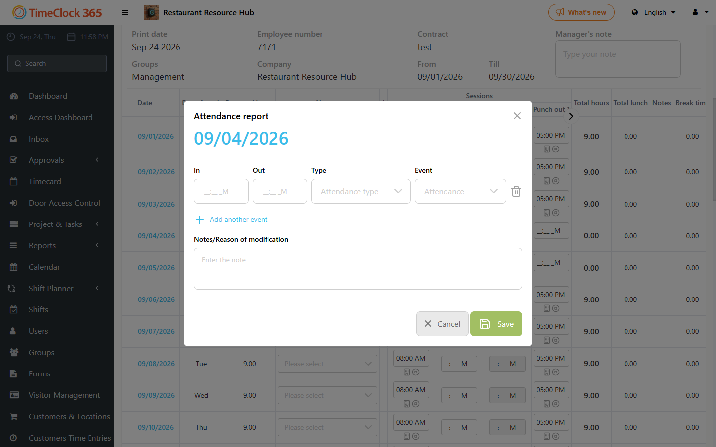 Popup editing entry and exit records for a day in Detailed Attendance