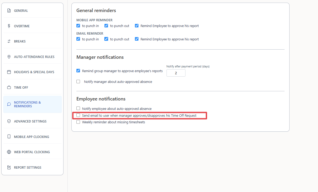 TimeClock 365 contract settings, Notifications & Reminders tab, with the checkbox 