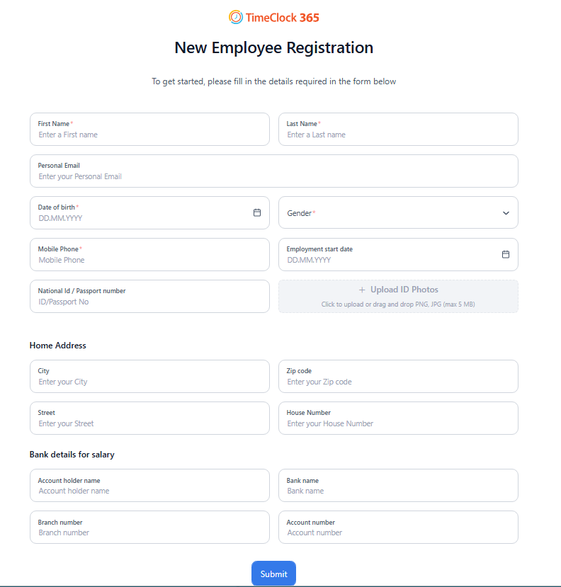 Employee self-registration form on TimeClock 365 terminal