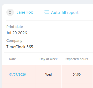 Attendance report in TimeClock 365 with clickable employee name link
