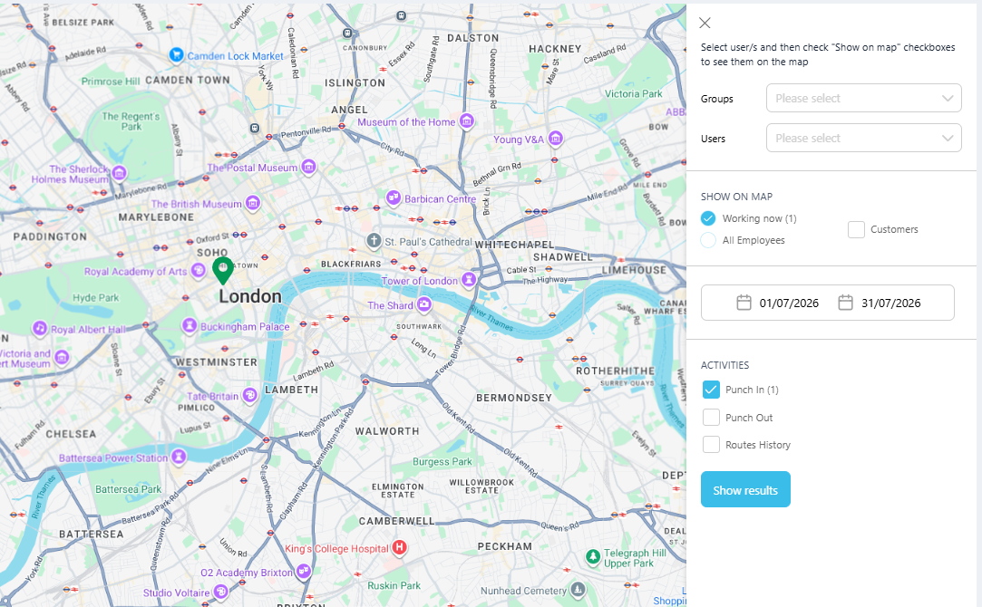 Live Map updated interface in TimeClock 365 showing employee locations in real time