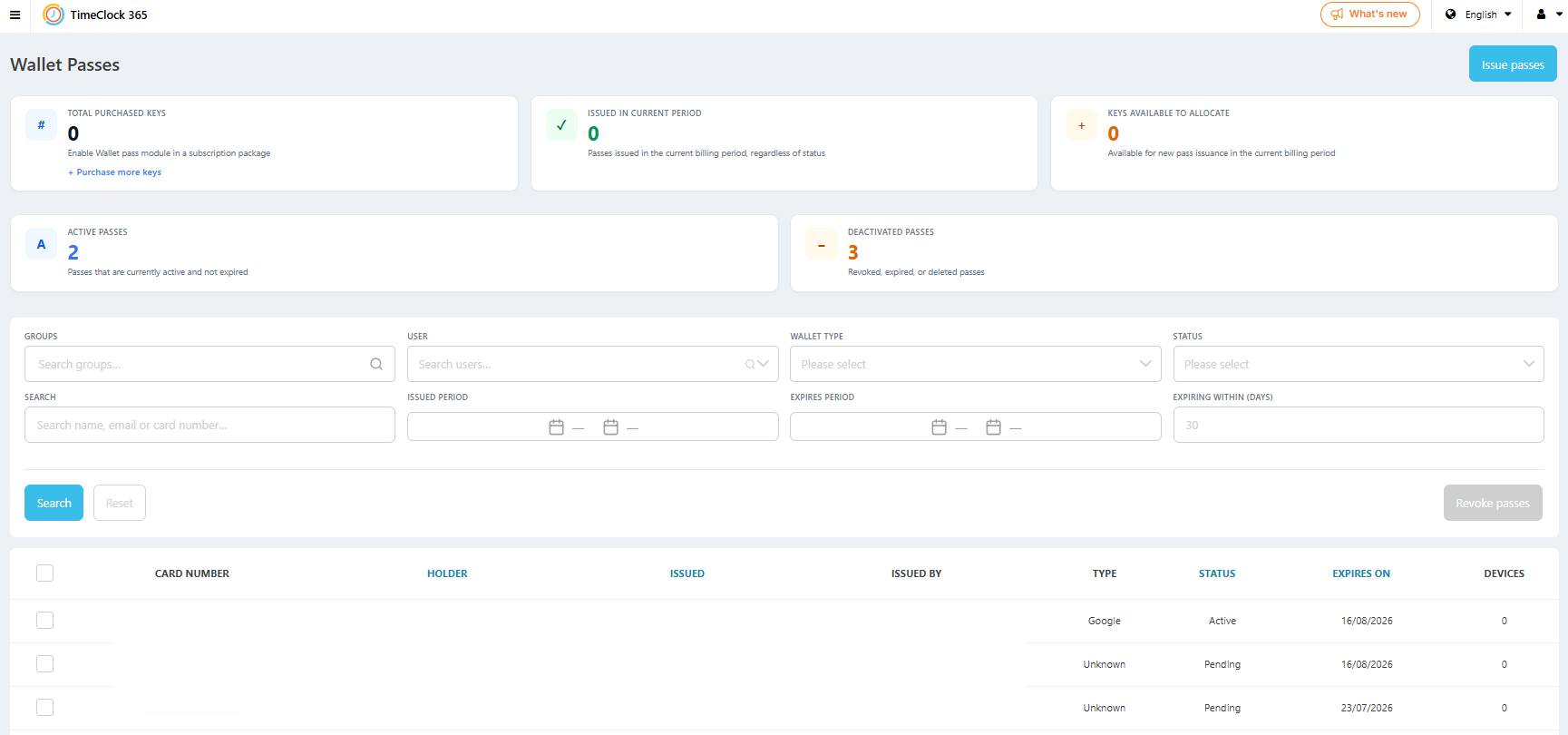 Wallet Passes management page in TimeClock 365 showing issued, active and deactivated keys