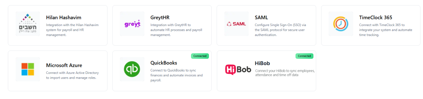 Integrations dashboard in TimeClock 365 showing QuickBooks, HiBob, Azure and more
