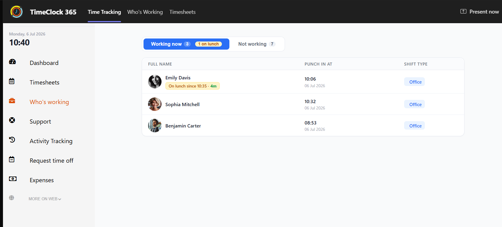 MS Teams Who's Working tab showing employee on lunch break in TimeClock 365
