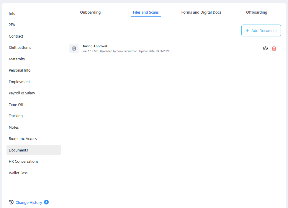 Employee documents tab in TimeClock 365 showing self-registration ID document saved automatically